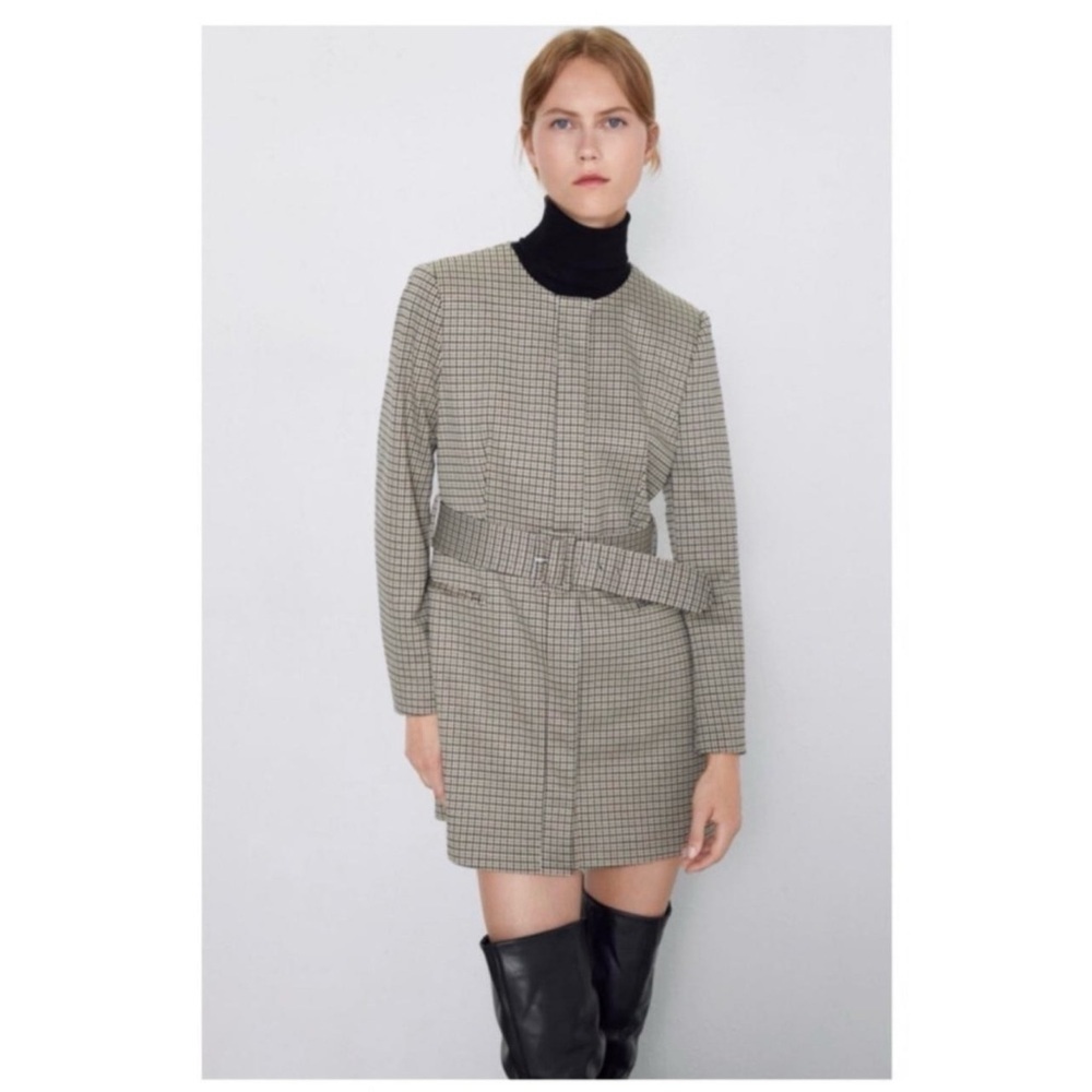 Zara Houndstooth Belted Frock Blazer Jacket Sz S